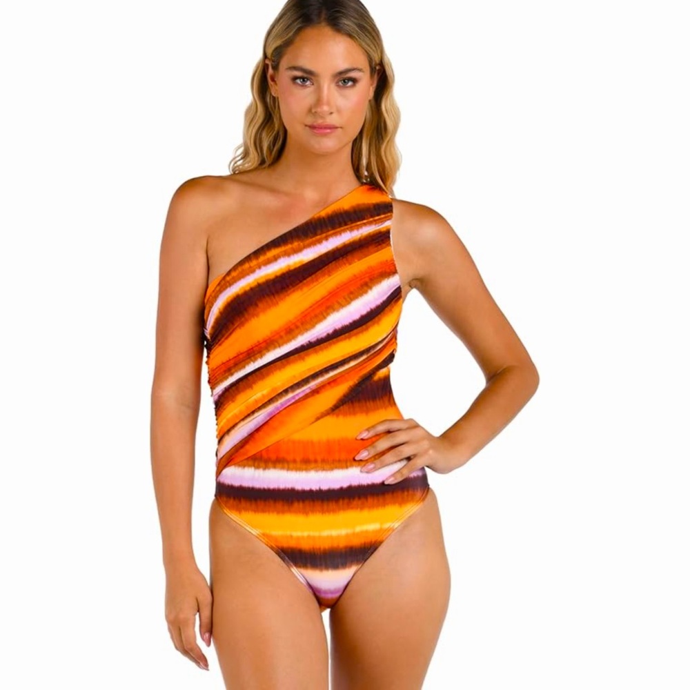 La Blanca Women's Shoulder One Piece Swimsuit, Sunset/Upon The Horizon, size 10